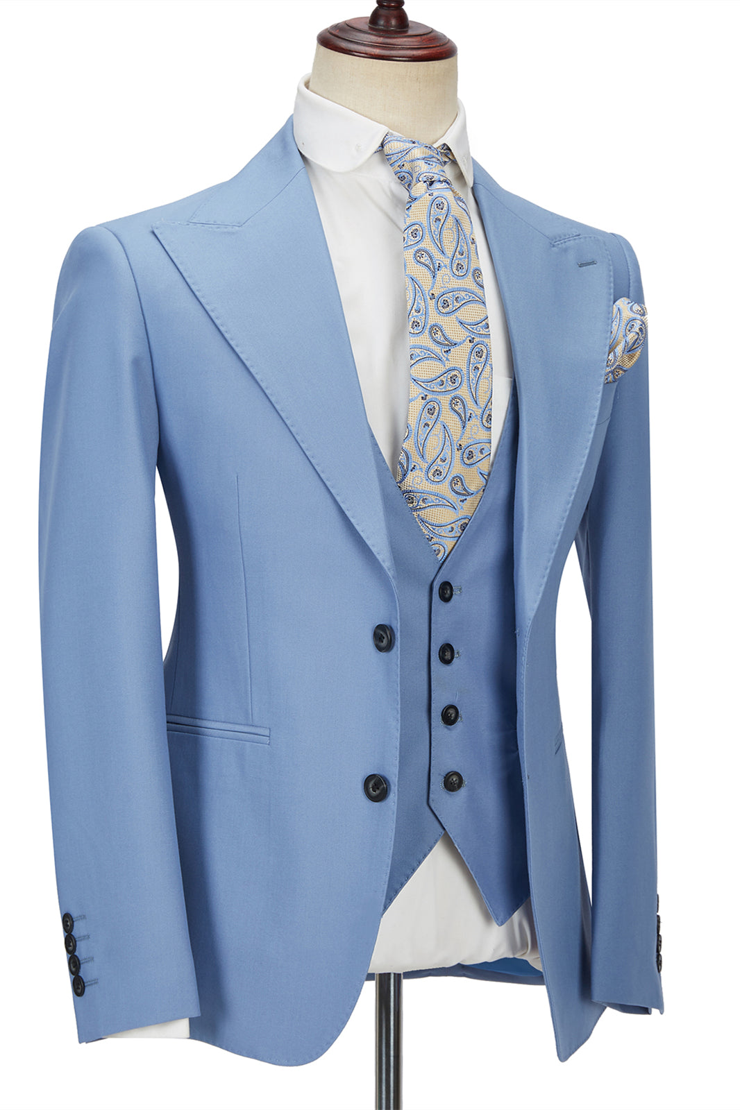 Gentle Blue Peak Lapel Men Suit Three-piece Men Formal Suit without Flap