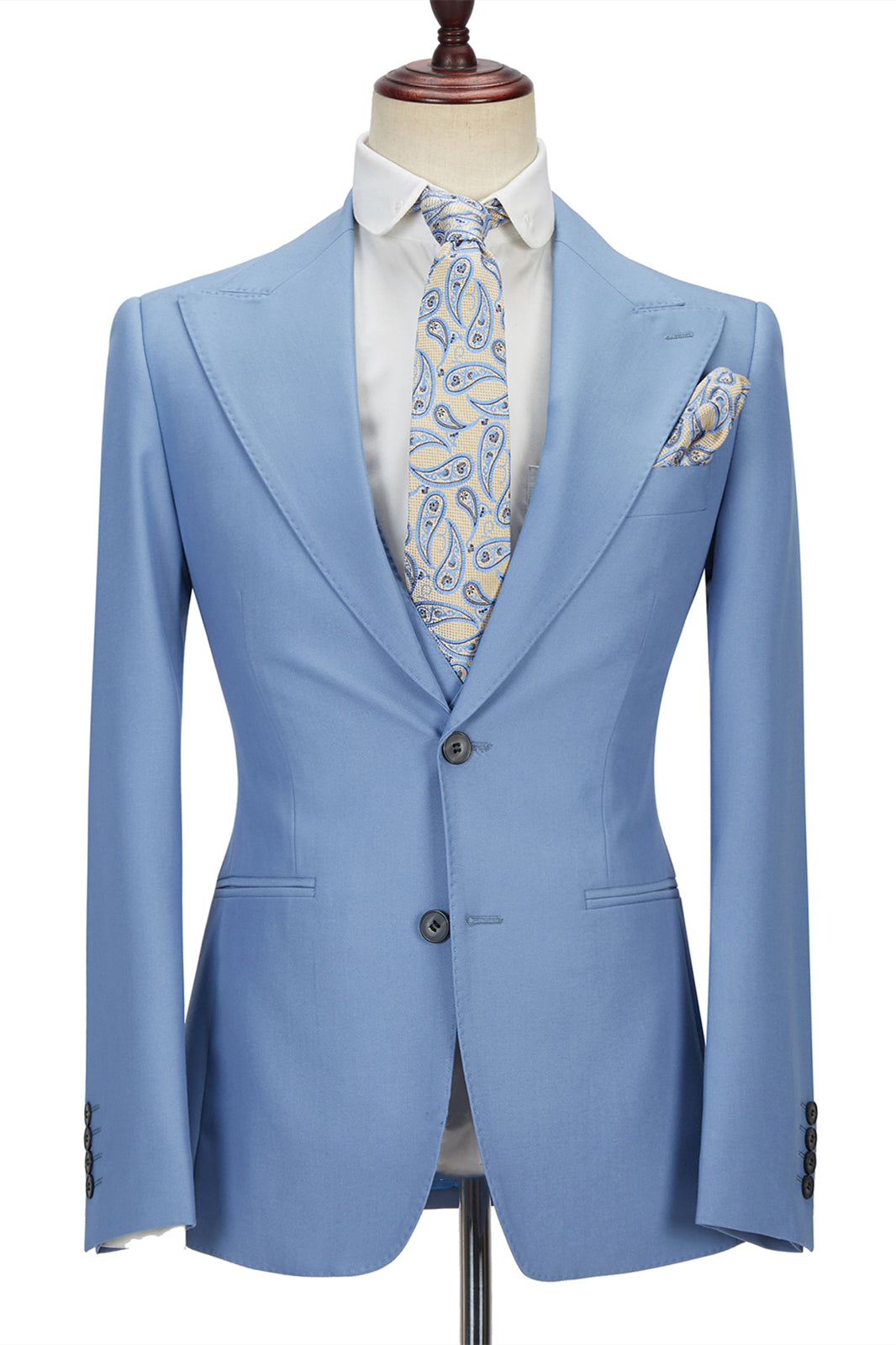 Gentle Blue Peak Lapel Men Suit Three-piece Men Formal Suit without Flap