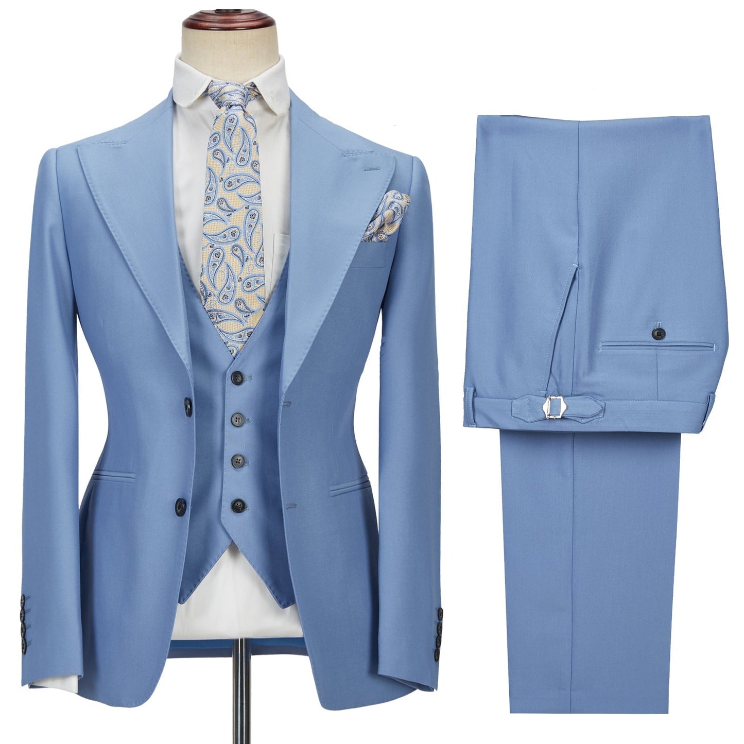Gentle Blue Peak Lapel Men Suit Three-piece Men Formal Suit without Flap