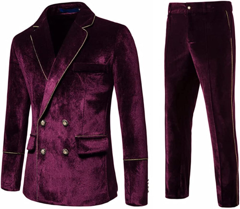 Glamorous Burgundy Double Breasted Velvet Prom Suits Notched Lapel