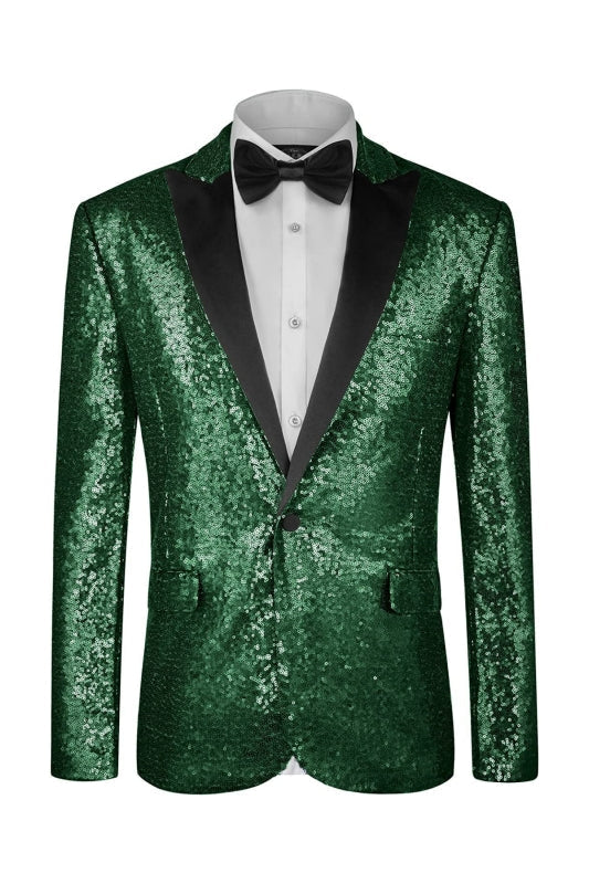 Glitter Dark Green Peaked Lapel Sequins Prom Suits for Men