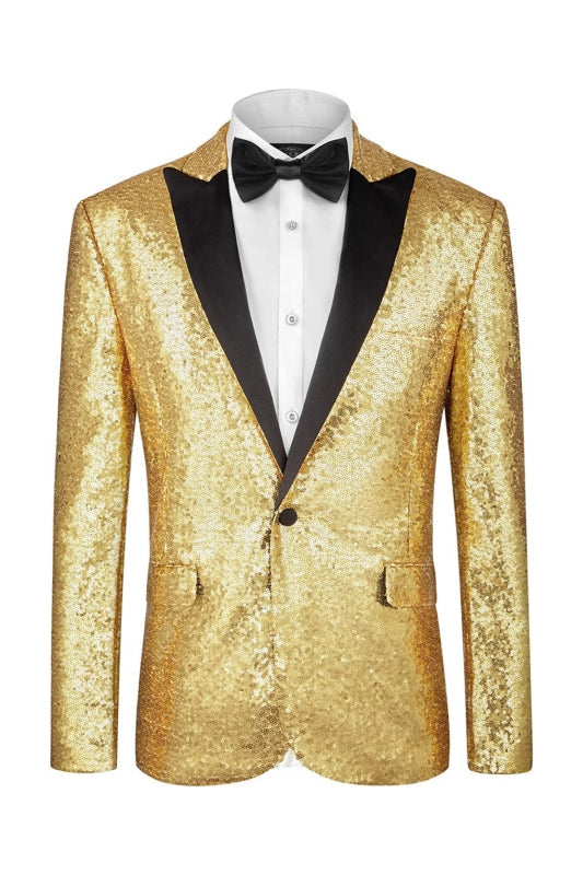 Gold Sequins Peaked Lapel Two Piece One Button Prom Suits for Men