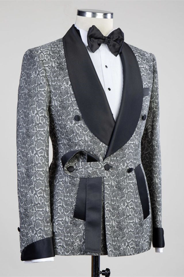 Gray Double Breasted Jacquard Wedding Suits with Black Lapel for Groom