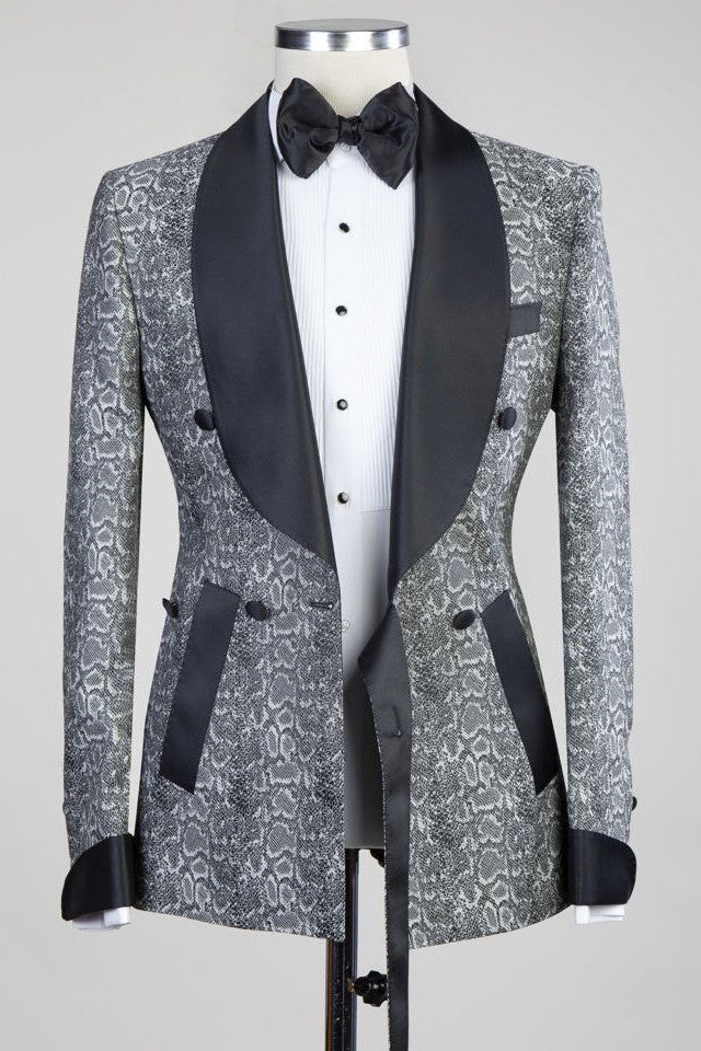 Gray Double Breasted Jacquard Wedding Suits with Black Lapel for Groom