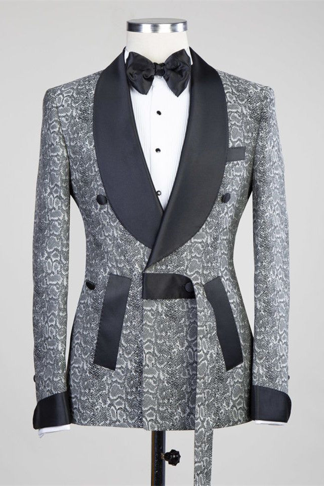 Gray Double Breasted Jacquard Wedding Suits with Black Lapel for Groom