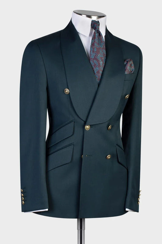 Dark Green Double-breasted 2-piece Shawl Lapel Suit