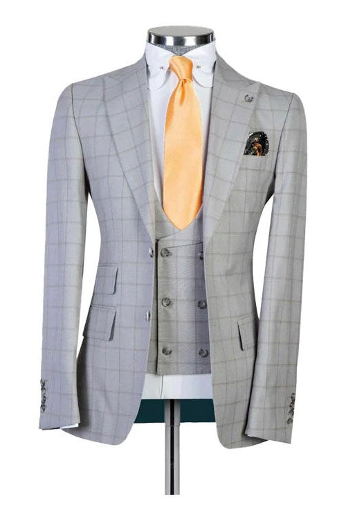 Grey Slim Fit Peak Lapel Single Breasted Plaid Man Suit