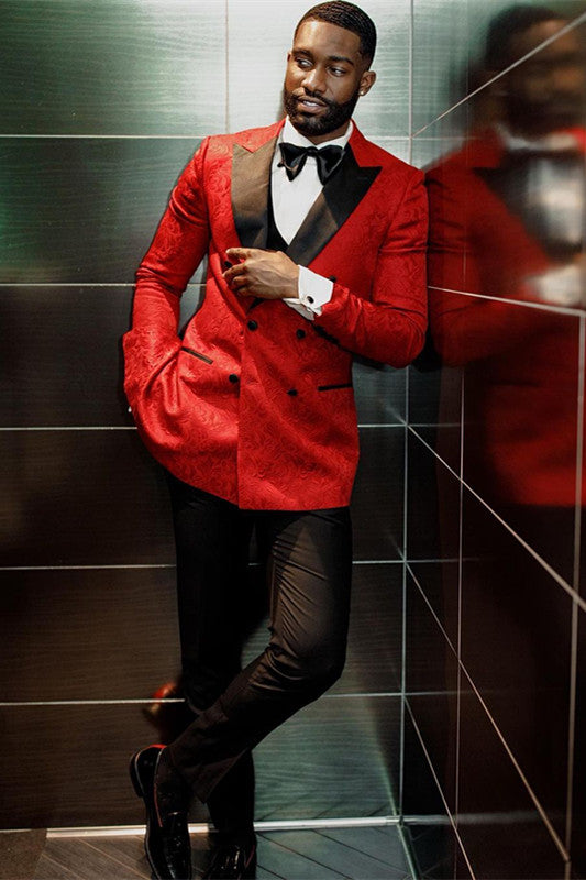 Hot Red Jacquard Double Breasted Fashion Wedding Men Suits with Black Peaked Lapel