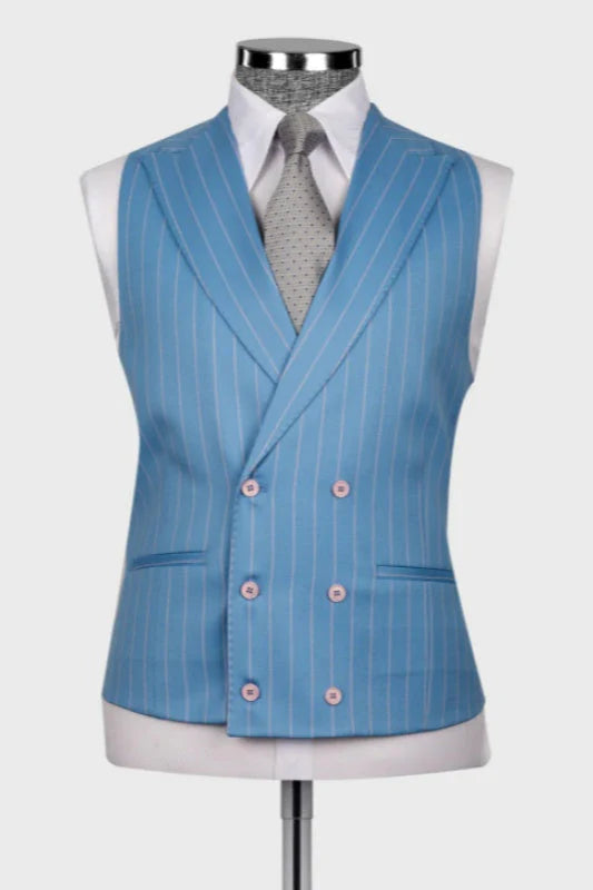 3 Piece Peak Lapel Single Breasted Light Blue Striped Suit