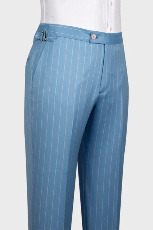 3 Piece Peak Lapel Single Breasted Light Blue Striped Suit