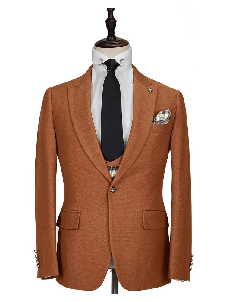 Brwon Peaked Lapel 3-piece Fashion Men Suits
