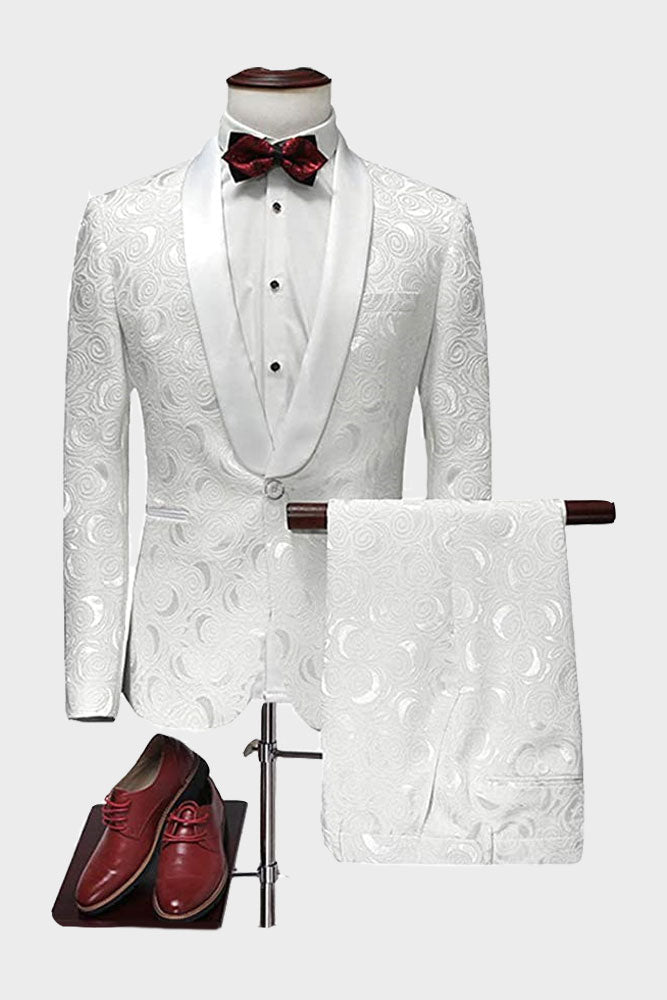 Pricey White Jacquard Suits for Wedding Tuxedo