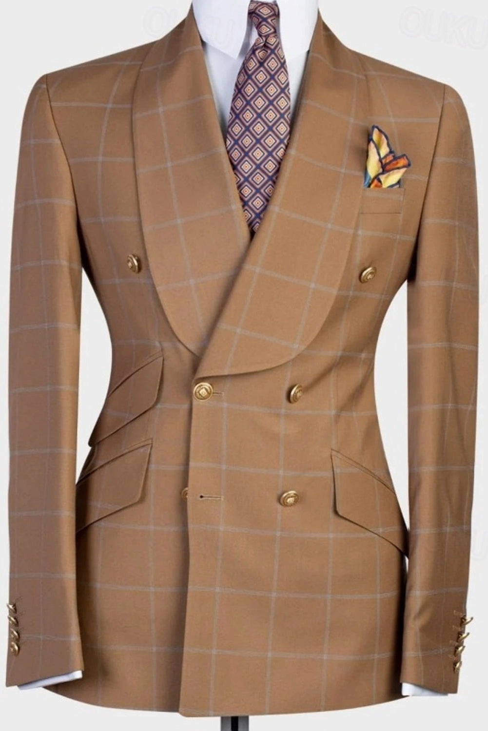 Brown Shawl Lapel Plaid Double Breasted 2-piece Men's Suits