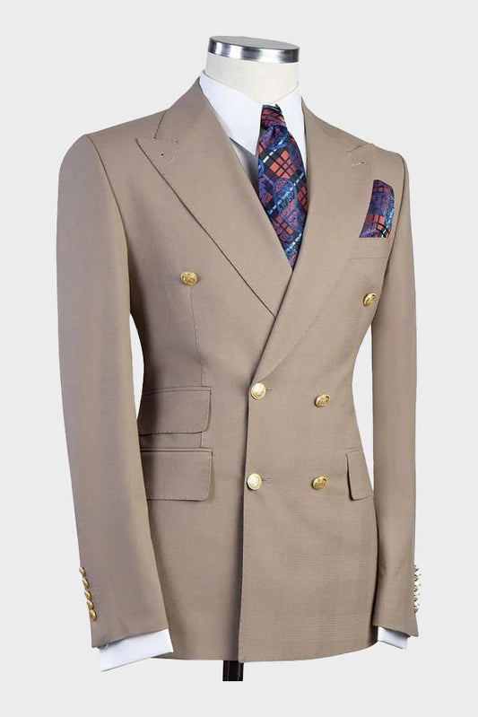 Brown Peak Lapel Double Breasted Gold Button Suit