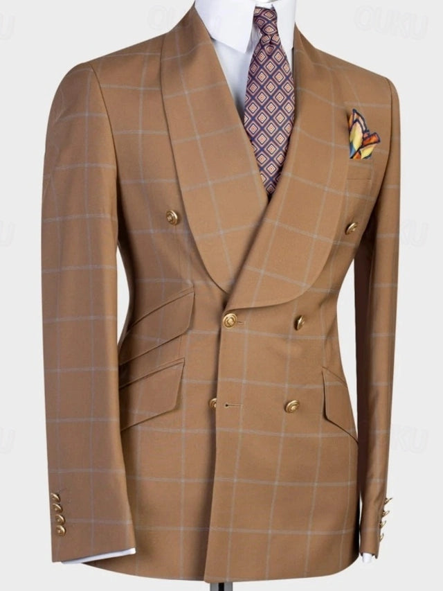 Brown Shawl Lapel Plaid Double Breasted 2-piece Men's Suits