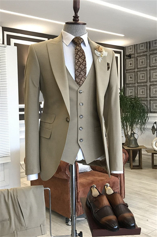 Green Khaki Peaked Lapel Three Pieces Single Breasted Prom Suits for Men
