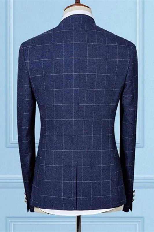 Modern Dark Navy Two Pieces Best Fitted Designer Plaid Men Prom Suit