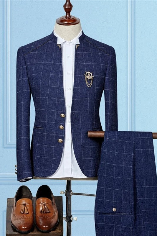 Modern Dark Navy Two Pieces Best Fitted Designer Plaid Men Prom Suit