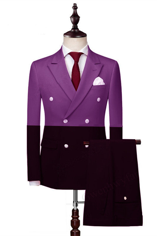 Modern Purple Black Double Breasted Peaked Lapel Men Prom Suits