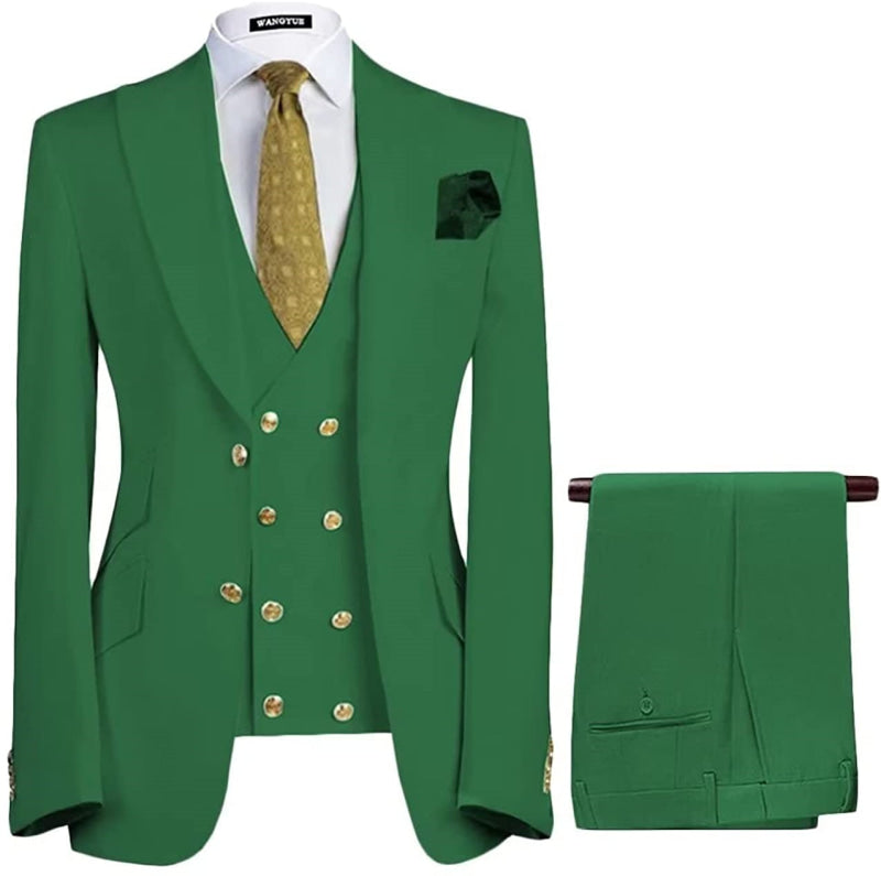 Men’s Modern Emerald Green Three-Piece Prom Suit with Peaked Lapel
