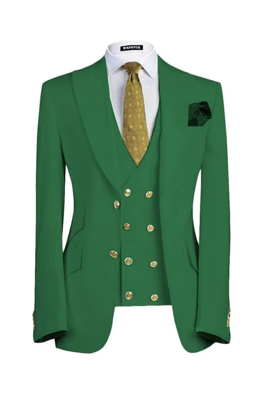 Men’s Modern Emerald Green Three-Piece Prom Suit with Peaked Lapel