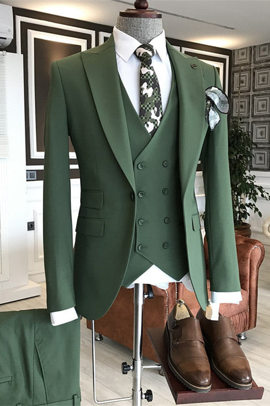 Modern Green Peaked Lapel Three Pieces Business Suits Wedding Suit for Groom