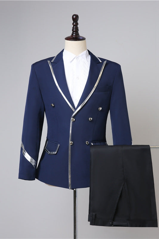 Navy Blue Double Breasted Prom Suits Twp Pieces Wedding Groomen Suits