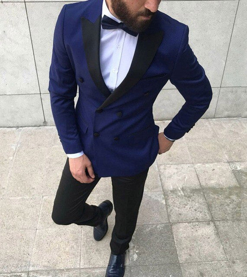 Navy Blue Peaked Lapel Double Breasted Men's Suit