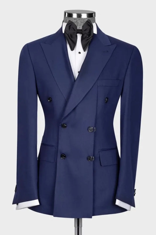 Navy Blue Peaked Lapel Double Breasted Slim Fit Prom Suits