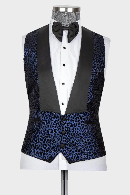 Navy Blue Peaked Lapel Three Pieces Glitter Print Suits for Prom Tuxedos