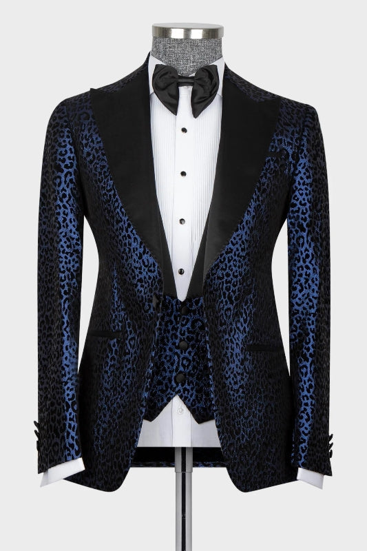 Navy Blue Peaked Lapel Three Pieces Glitter Print Suits for Prom Tuxedos