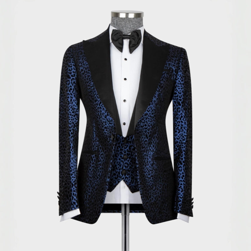 Navy Blue Peaked Lapel Three Pieces Glitter Print Suits for Prom Tuxedos