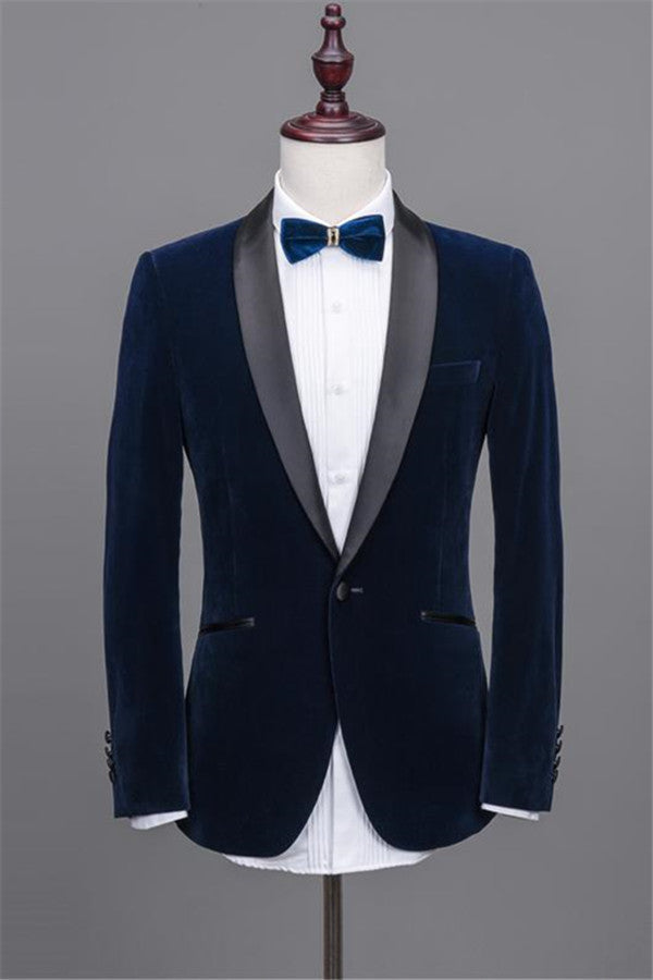 Navy Blue Velvet Wedding Suits with Black Shawl Lapel Tuxedos Two-piece