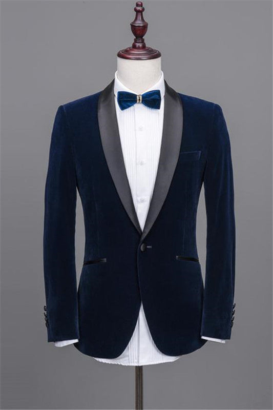 Navy Blue Velvet Shawl Lapel Wedding Tuxedo