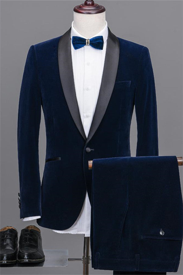 Navy Blue Velvet Wedding Suits with Black Shawl Lapel Tuxedos Two-piece