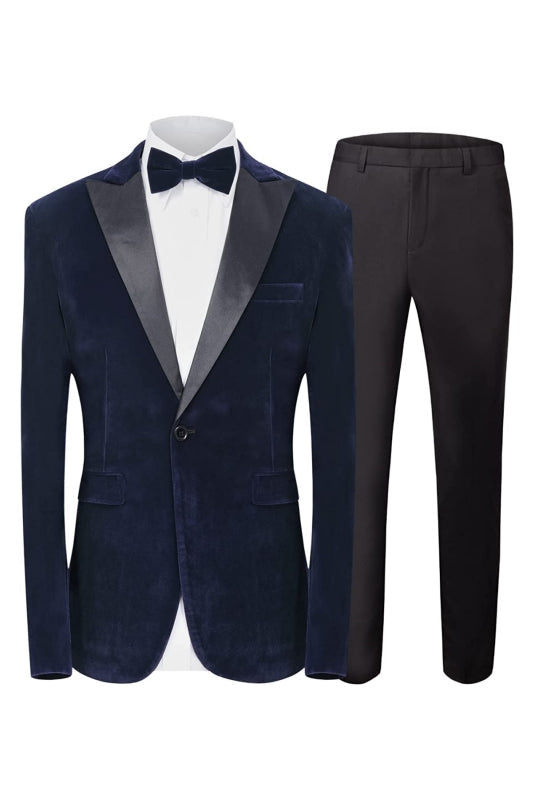 Navy Blue Two Pieces Velvet Men's Suits with Peaked Lapel for Prom