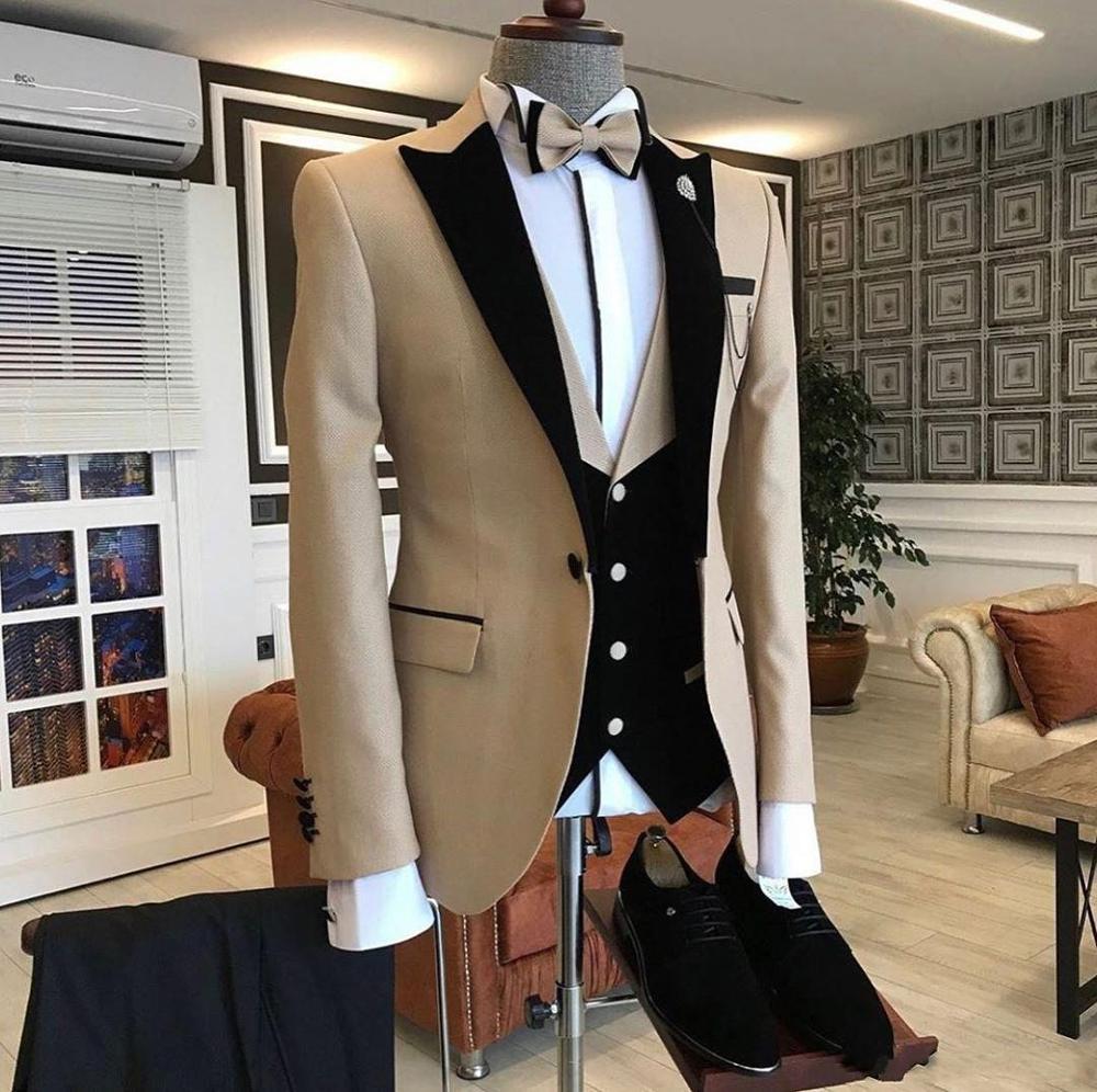 Khaki One Button Peaked Lapel Slim Fit Men Suits