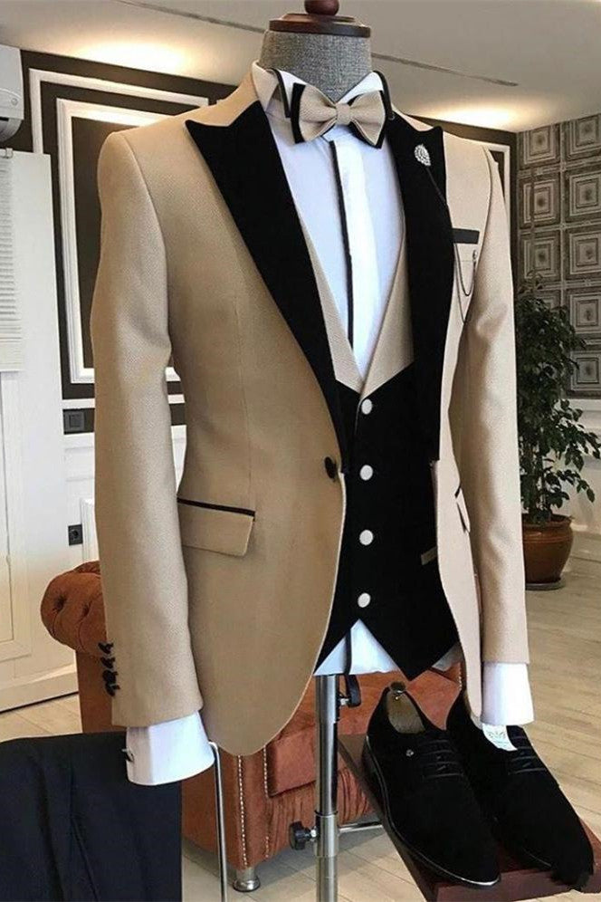 Khaki One Button Peaked Lapel Slim Fit Men Suits