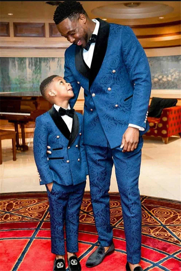 Ocean Blue Jacquard Double Breasted Wedding Groom Suits with Black Lapel