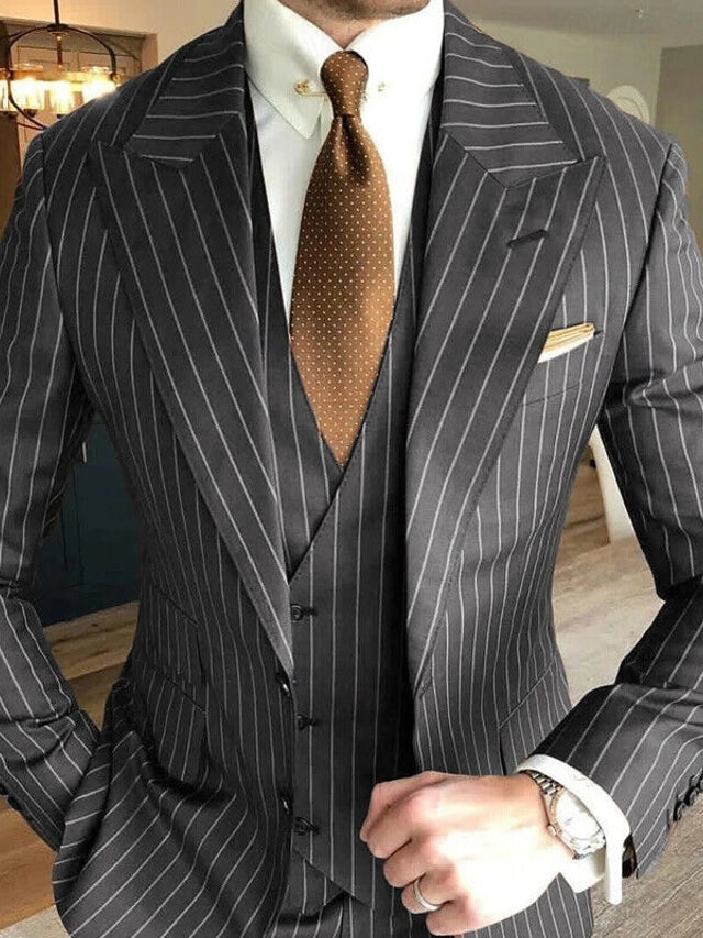 Grey Strip Slim Fit Peaked Lapel 3-piece Wedding Men Suits