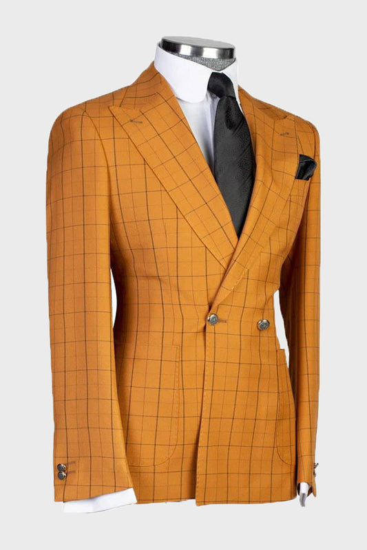 Orange 2 Piece Chic Plaid Peak Lapel Suits