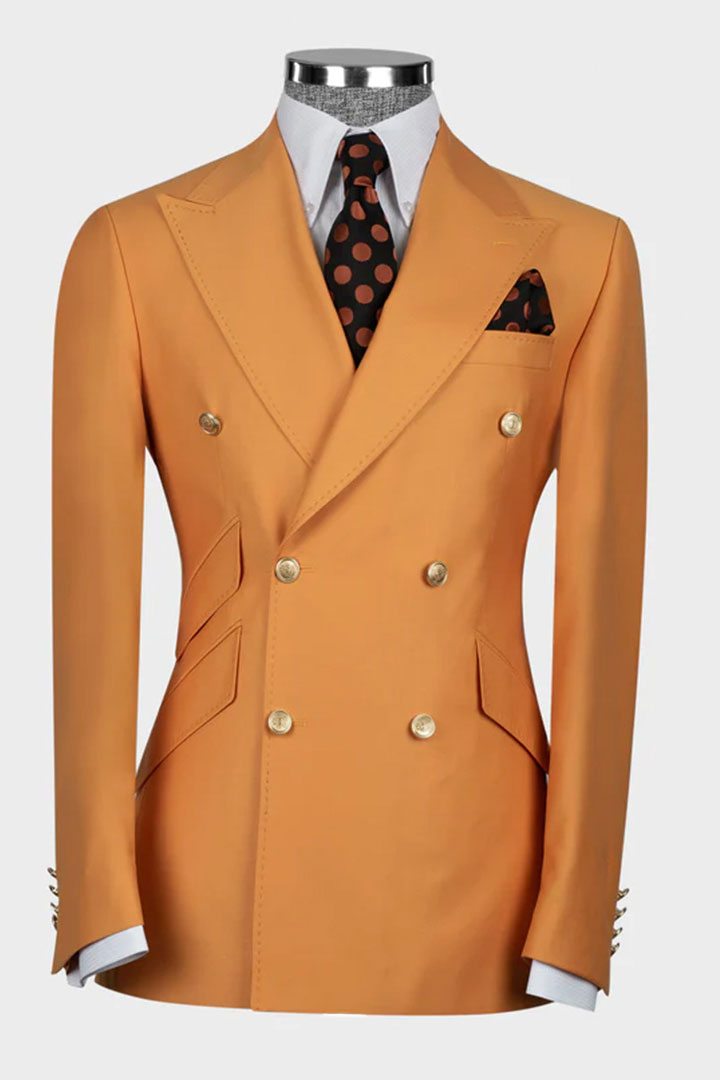 Latest Peaked Lapel Orange Double Breasted Suit for Prom