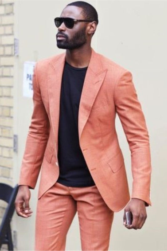 Peach Close Fitting Peaked Lapel Custom-made Suits for Prom