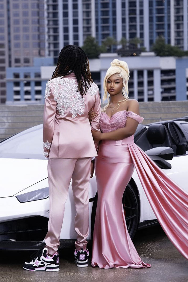Pink Satin 3-piece Suit with Beaded Applique