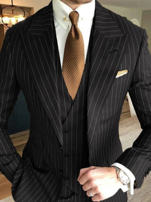 Black Striped Peaked Lapel Three Piece Wedding Suits