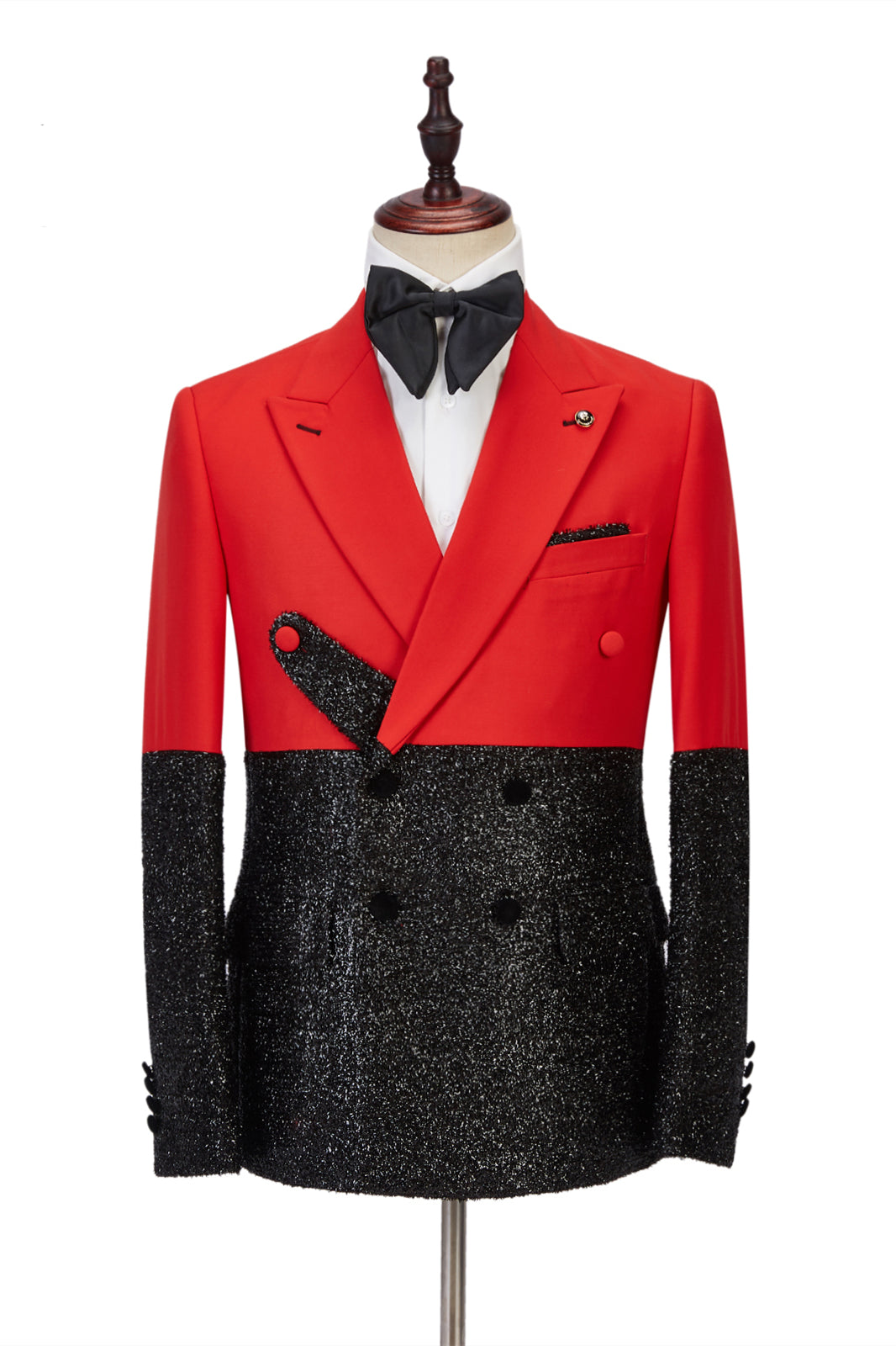 Peaked Lapel Bright Red Stitching Sparkle Black Fashion Men Suit