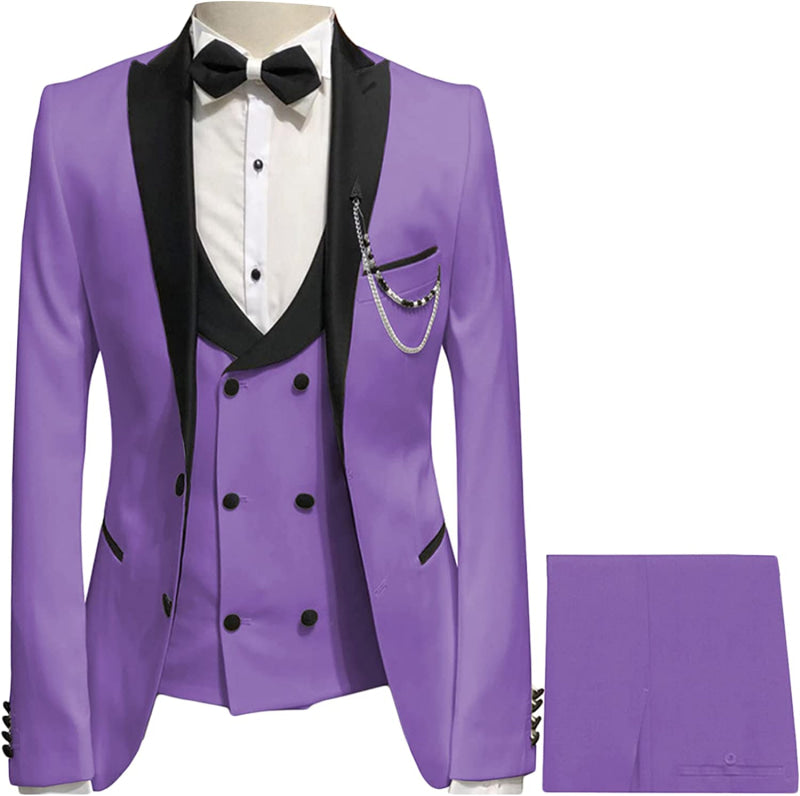 Purple 3-Pieces Slim Fit Prom Suits with Black Peaked Lapel
