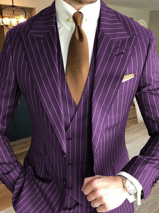 Purple Striped Peaked Lapel 3-piece Men Suits for Wedding