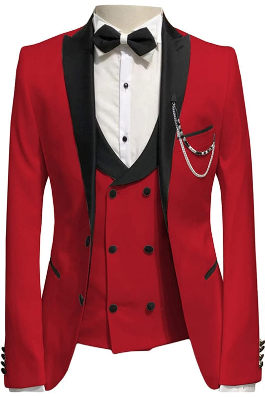 Red Single Breasted Three Pieces Custom Prom Suits with Black Peaked Lapel