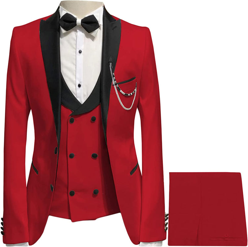 Red Single Breasted Three Pieces Custom Prom Suits with Black Peaked Lapel